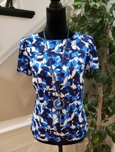 J.CREW Women&#39;s Blue &amp; Black Floral Lined Crew Neck Short Sleeve Top Blouse Small - £20.35 GBP