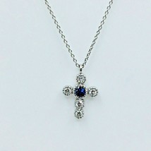 Ladies Necklace Solid 18k White Gold Chain Cross Diamonds Delicate Blue Sapphire - £392.63 GBP
