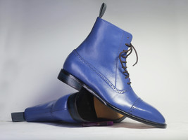 Handmade Men&#39;s Blue Color Ankle High Boots, Men Dress Leather Cap Toe Boots - £127.88 GBP+