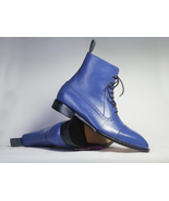Handmade Men&#39;s Blue Color Ankle High Boots, Men Dress Leather Cap Toe Boots - £127.86 GBP+