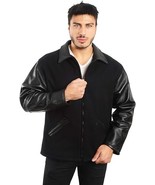 LJD Men&#39;s Black Premium Straight Wool Original Black Leather Sleeves Jac... - $1,663.43 MXN+