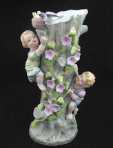 VTG Lefton Bisque Figural Vase Floral Tree Trunk w Kids Bird Nest 971 Figurine  - $74.20