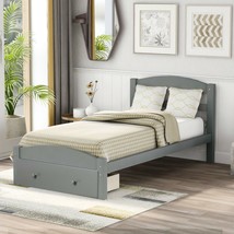 Platform Twin Bed Frame with Storage Drawer and Wood Slat Support, Gray - £156.41 GBP
