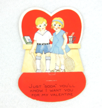 Vintage Valentine Die Cut Blonde Girl Boy Tennis Racket Soda Pop Red Hea... - $7.99