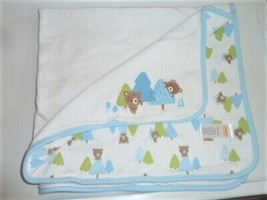Gymboree Baby Boy Blanket White Blue Green Teddy Bear Tree Cotton Receiving - £39.21 GBP