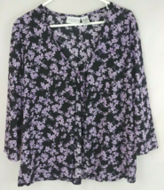 Jaclyn Smith 3/4 Sleeve Sheer Open Front Black Blouse With Purple Flowers Sz L - £9.92 GBP