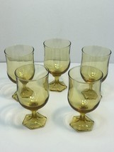 Vintage Amber Drinking Hexagon Pedestal Base Stem Glasses Set of 5 MCM - £19.34 GBP