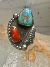 Navajo ring size 5.25 signed L Platero turquoise coral sterling silver women - £97.86 GBP