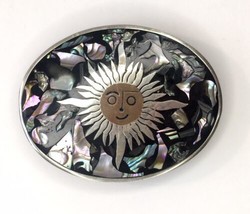 Vintage Artisan Mexico Alpaca  Abalone Shell Inlay Smiling SUN Belt Buckle - £39.46 GBP