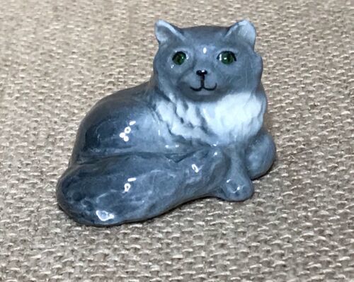 Primary image for Vintage Old Monrovia Hagen Renaker Laying Gray Persian Cat Figurine Green Eyes