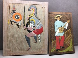 2 Wood Hand Carved Pictures 1 Man with Musical Instrument 1 with 2 Warriors - £28.02 GBP