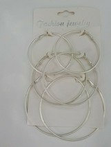 Set Of 3 Sm Med Lg Hoop Earring White Silver Color Hinge Closure Fashion Jewelry - £16.02 GBP