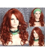 Copper Red Human Hair Blend Wavy Extra Long Bangs Off Center parting Wav... - $89.95