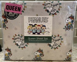 4pc Berkshire Peanuts Christmas Lights Queen Sheet Set Snoopy Woodstock Gray NEW - $44.50