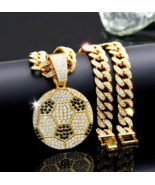 Iced CZ 14K Gold Plated Soccer Player Ball Pendant 14mm 20&quot; Cuban Chain ... - $381.81 MXN