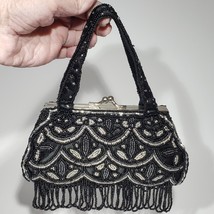 VTG La Regale Beaded Black Evening Purse Fully Beaded Bead Fringe Kiss Lock - £31.23 GBP