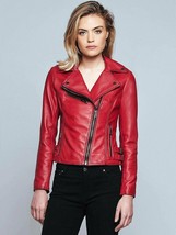 New Women&#39;s Moto Lambskin Real Red Leather Jacket Biker Slim fit Jacket - £55.72 GBP+