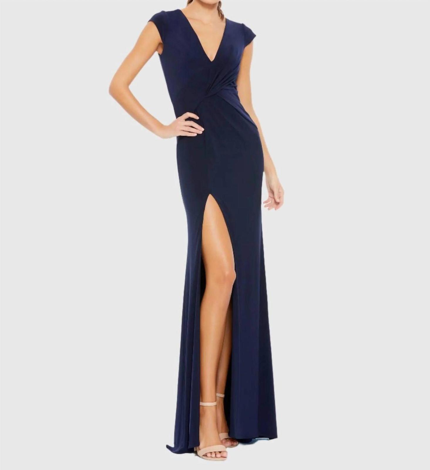 Ieena For Mac Duggal Elegant Evening Jersey V Neck Gown Navy - $177.00