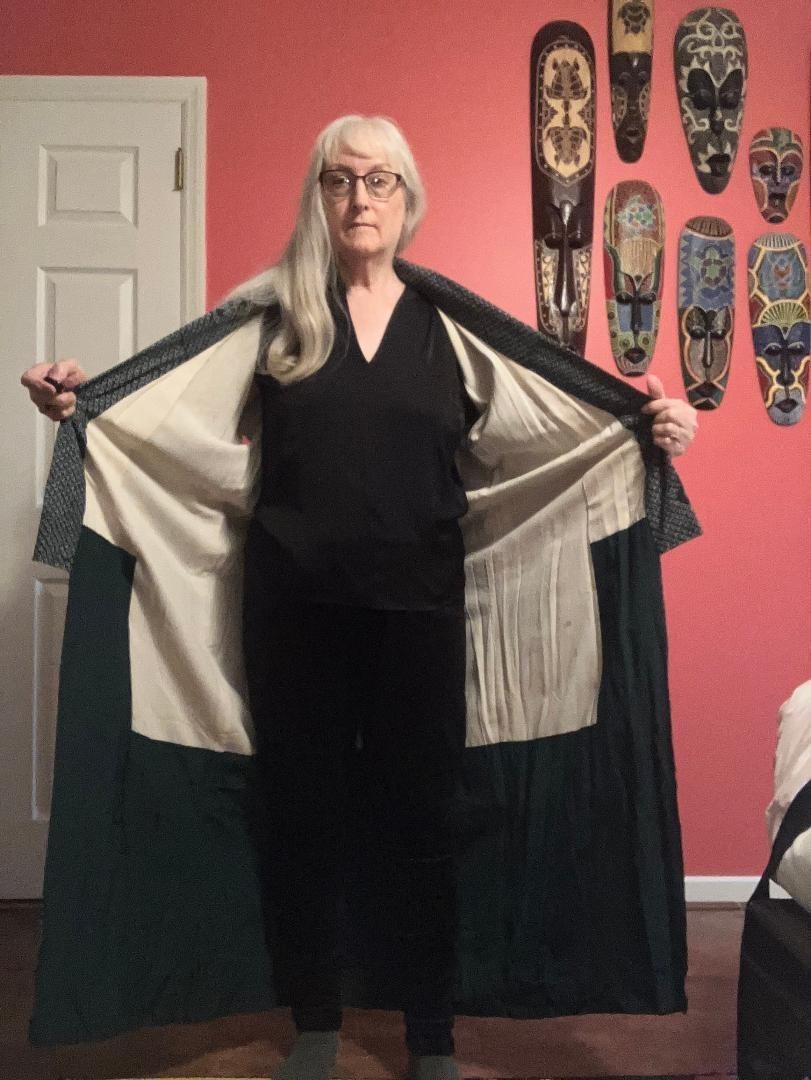 CL-KIM-4) Pre WWII vintage long dark green off white circles Kimono L/XL design Item image 4