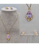 Purple Crystal Necklace Earring Set Gold Tone Pear Cut Lavender Ornate P... - $743.65 MXN