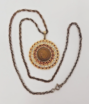 1892 Indian Head Penny Coin Gold tone Rhinestone Medallion Pendant 24&quot; C... - £31.23 GBP