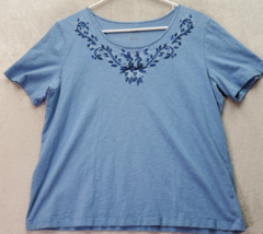 Hasting &amp; Smith Blouse Top Women Large Blue Embroidered Floral Cotton Round Neck - £8.21 GBP