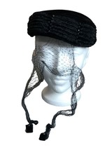 Vintage Ladies Black Velvet Hat Rhinestones Netting 1940s 50s Mid Century - £15.02 GBP