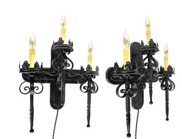 Pair Antique Gothic Spanish Revival Candelabra Sconces wrought iron restored - £517.57 GBP