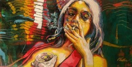 Amazing Oil on Canvas, Girl Smoking, Original Painting by colombian woman artist - £1,101.00 GBP