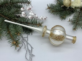 White Christmas glass tree topper with gold glitter, Christmas finial - £14.62 GBP