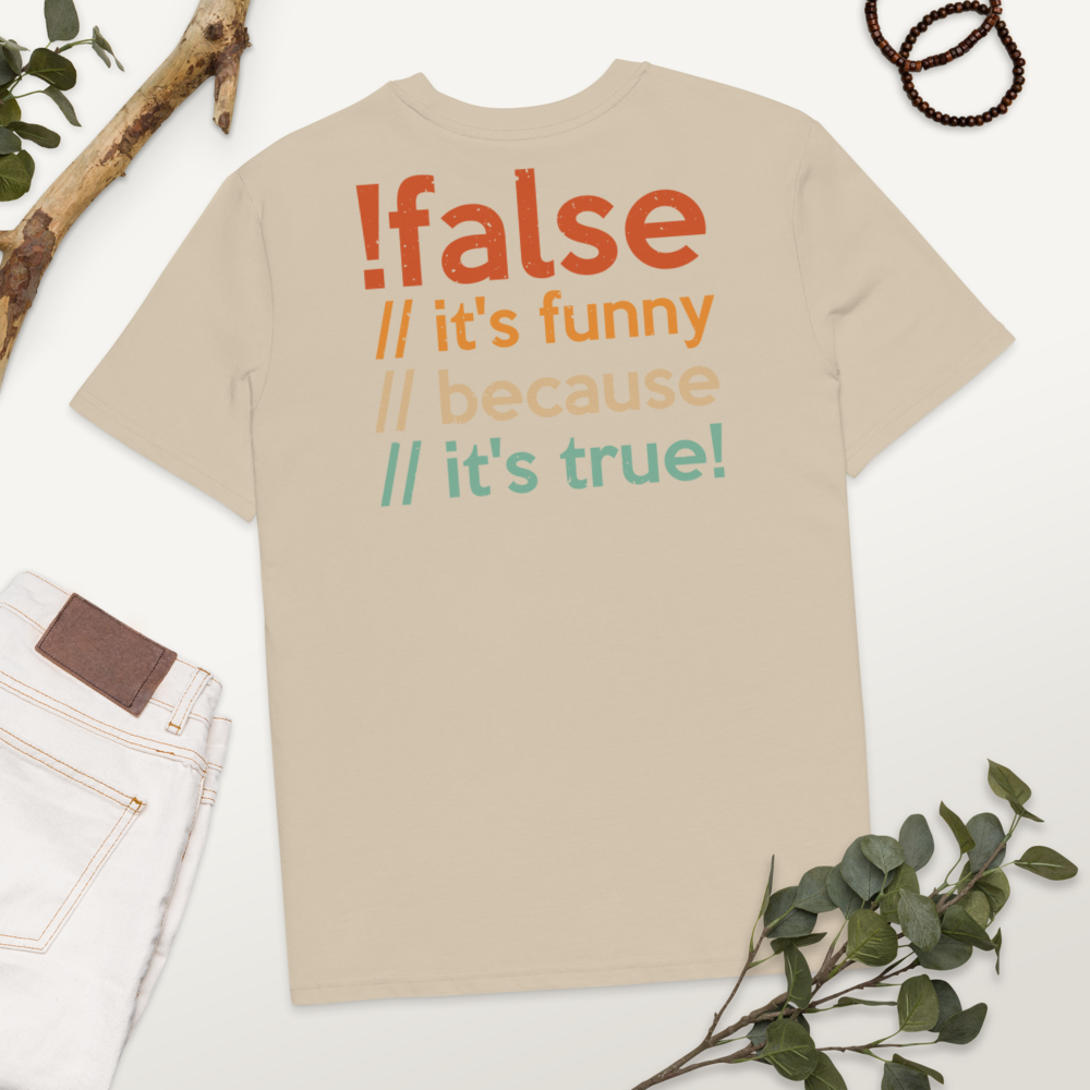 Unisex Organic Ribbed Neck T-Shirt – False It’s Funny Back Print (Desert Dust) Item image 7