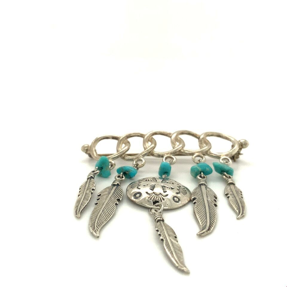 Primary image for Vintage Signed Sterling Native American Feather Turquoise Bead Dangle Brooch Pin