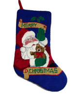 Latch Hook Rug Merry Christmas Stocking Santa &amp; Teddy Bear approx 19&quot; X 8&quot; - $14.99