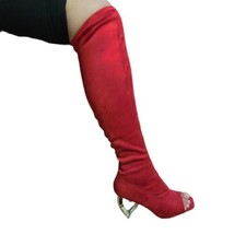 Yoki Over The Knee Red Velvet Boots Heels Womens Size 10 Open Toe  - £13.32 GBP