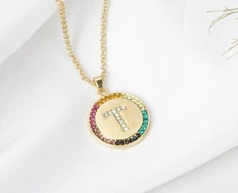 1.10Ct Multi Color Lab Created Diamond Letter &quot;T&quot; Pendant 14k Yellow Gold Plated - £110.19 GBP