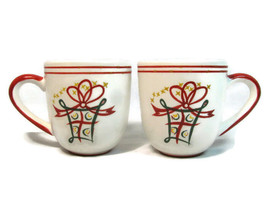  Pier 1 Imports Coffee Mug Cup Set of 2 Holiday Gift Bow Stars Red Green... - $28.71