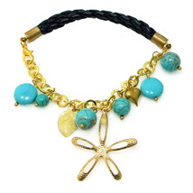 Shining Brass Star w/ Blue Turquoise &amp; Pearls on Braided Leatherette Bracelet - £8.28 GBP