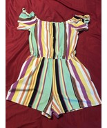 Eye Candy Striped Off Shoulder Romper L Rainbow Pastel Vibes Stretchy - $14.95