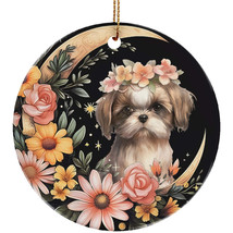 Cute Shih Tzu Puppy Dog Moon &amp; Flower Christmas Ornament Ceramic Gift Decor - $14.80