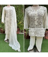 Pakistani Off White 3Pcs Fancy Chiffon Dress with thread embroidery ,XL - $1,619.04 MXN