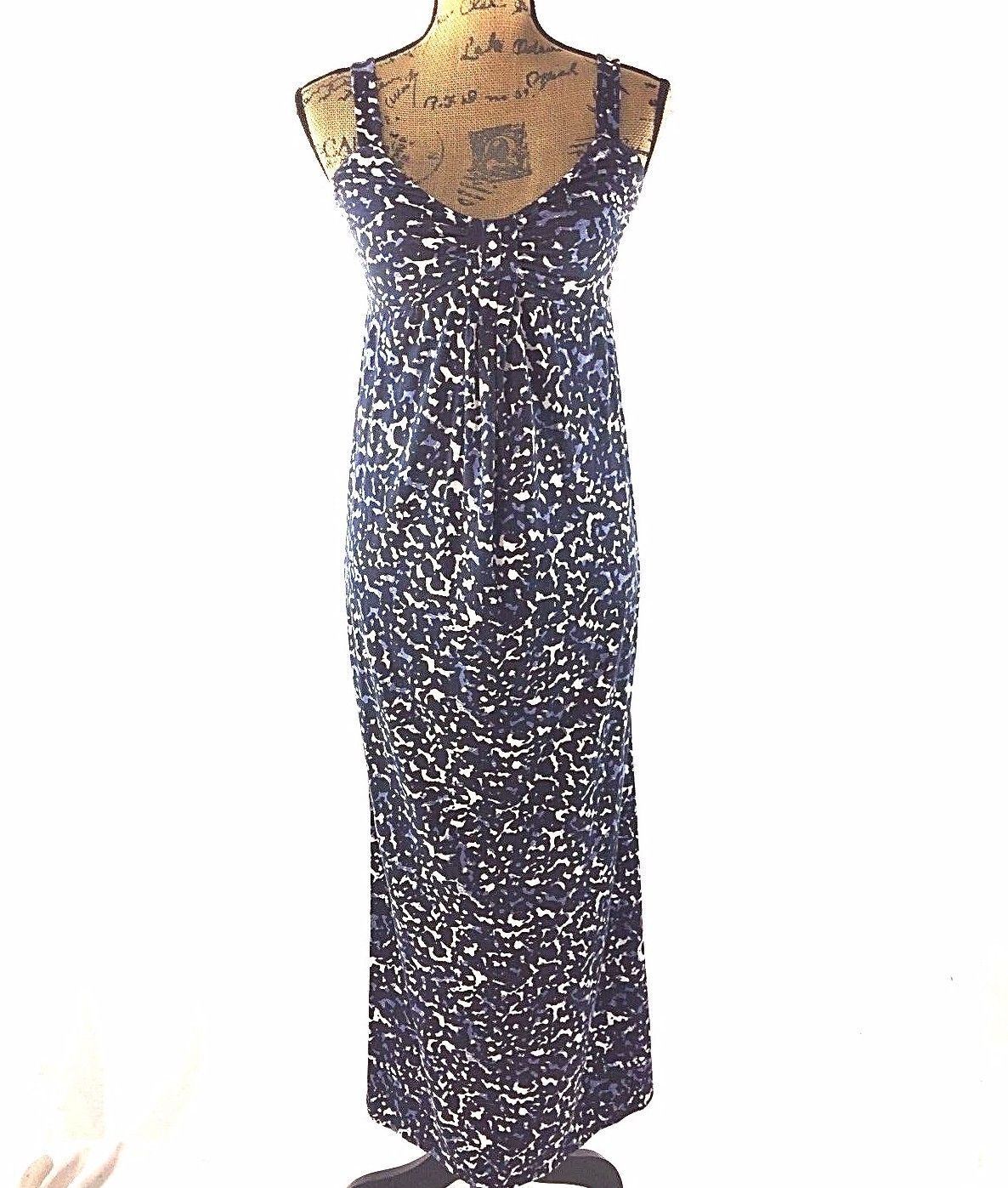 Ann Taylor Maxi Dress XS White Navy Blue Abstract Empire Bow Top Long Stretch LN - $15.95