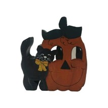 1993 Art Wooden Halloween Black Cat w Pumpkin Hand Painted Décor Signed By Betty - £8.17 GBP