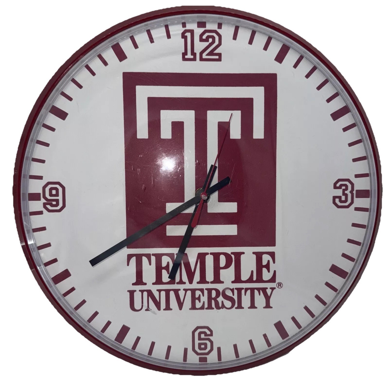 Vintage Temple University Disc Wall Clock BattOp Plastic Red White Dorm ... - £27.12 GBP