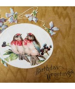c1900s Birthday Greetings Card Postcard Victorian Finches Textured Gold ... - $24.99