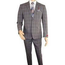 Mens Suit RENOIR English Plaid Window Pane Stretch Slim Comfort 293-7 Gray Brown image 2