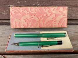 VTG Unmarked Green Fountain Pen &amp; Mechanical Pencil Set w Box 14 K Plated nib - £15.53 GBP