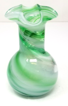Green White Swirl Vase Table Ruffled Bulbous Hamon Art Glassware Studio Durango - £22.41 GBP