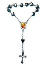 Heart Shaped Hematite beads mini Rosary with Our Lady of Guadalupe - NEW - £3.88 GBP