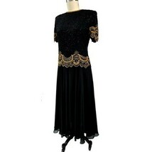 VTG 80s Brilliante by JA Black Gold Beaded Maxi Dress Gown Sz L Made in ... - $89.05