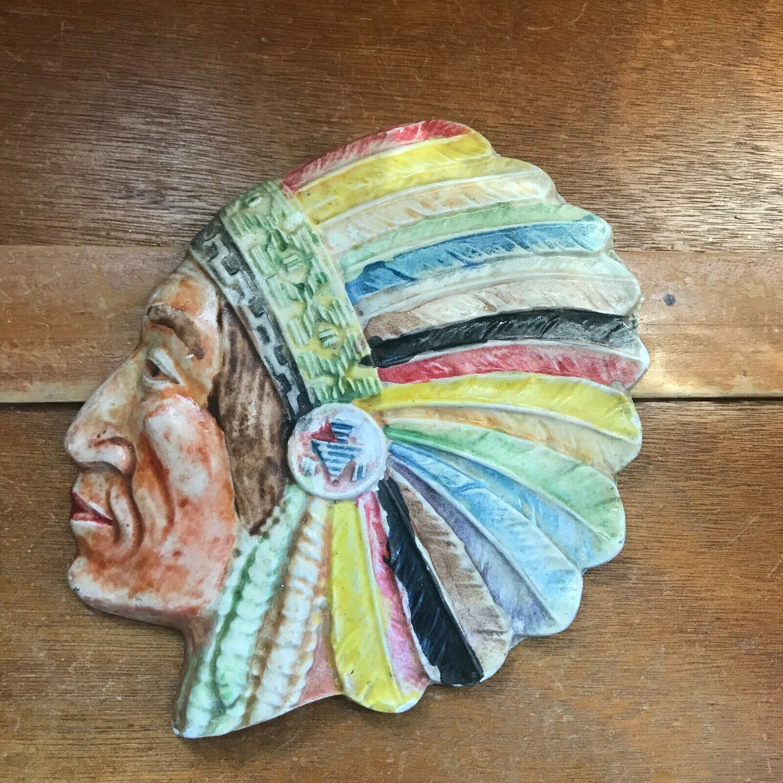 Primary image for Vintage Painted Chalkware Chief Head w Colorful Feathers Southwest Wall Plaque  